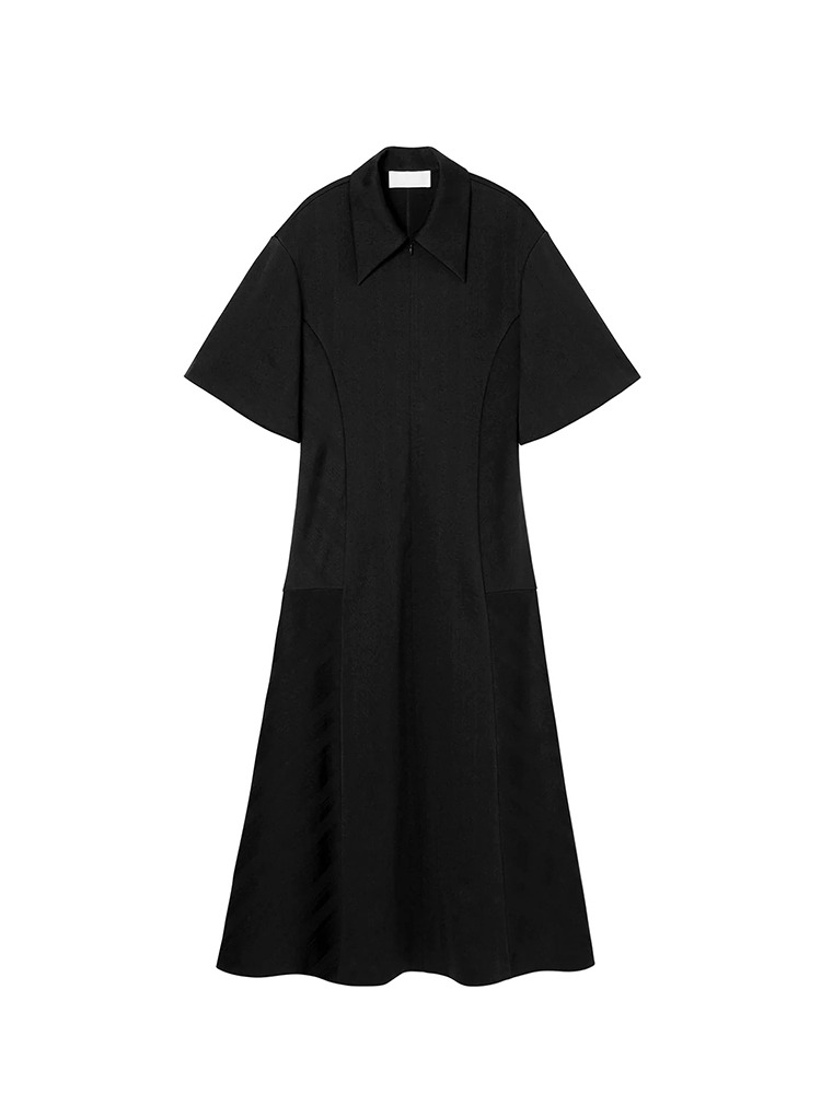 BLACK DOUBLE-LAYER STRIPE JERSEY DRESS  마메 쿠로구치 블랙 더블 레이어 스트라이프 저지 드레스 - 아데쿠베