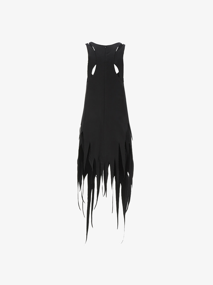 BLACK RAW EDGE FRINGED HEM LONG DRESS  한킴 블랙 로우 엣지 프린지 헴 롱 드레스 - 아데쿠베