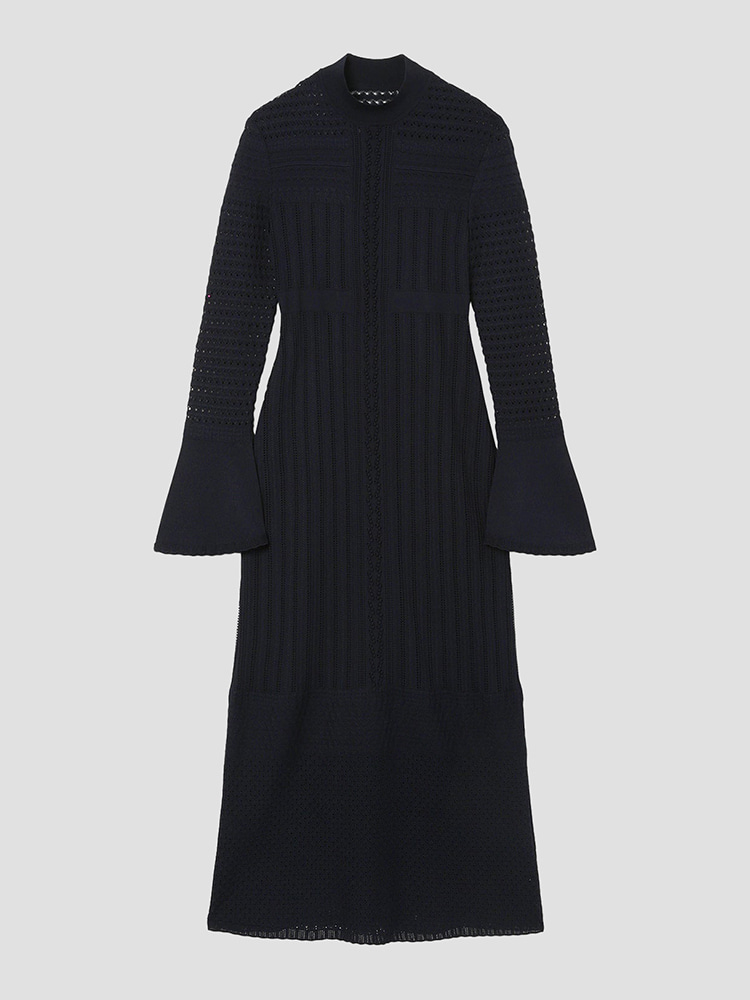 NAVY LACE STRIPE KNITTED DRESS  마메 쿠로구치 네이비 레이스 스트라이프 니트 드레스 - 아데쿠베