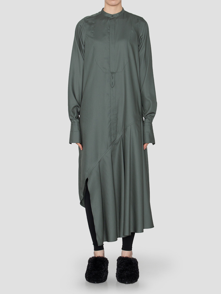OLIVE DRAB FD BOSOM SHIRT DRESS  하이크(HYKE) 올리브 드랩 FD 부점 셔츠 드레스 - 아데쿠베