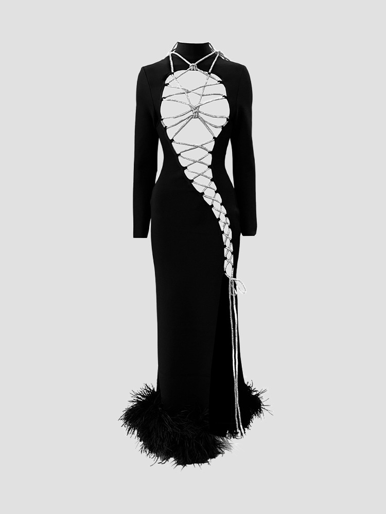 BLACK RHINESTONE LACE UP DRESS  제르마니에 블랙 라인스톤 레이스 업 드레스 - 아데쿠베