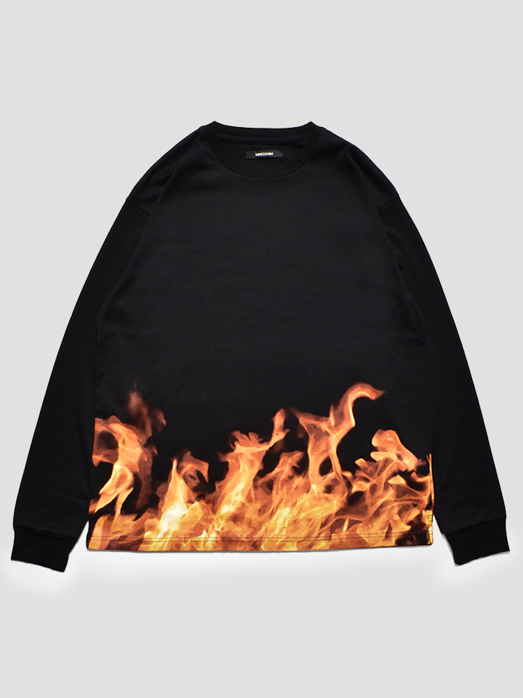 BLACK FIRE PATTERN L/S T-SHIRT  마인데님 블랙 파이어 패턴 롱 슬리브 티셔츠 - 아데쿠베