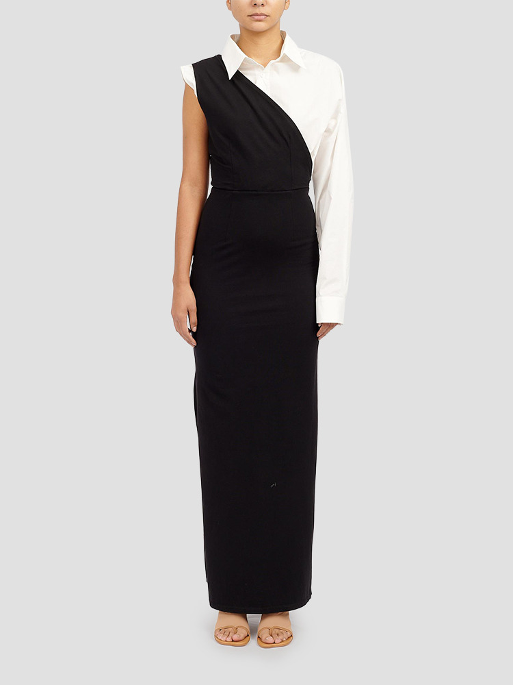 BLACK OFF WHITE ASYMMETRIC SHIRT LONG DRESS  MM6 블랙 오프 화이트 비대칭 셔츠 롱 드레스 - 아데쿠베