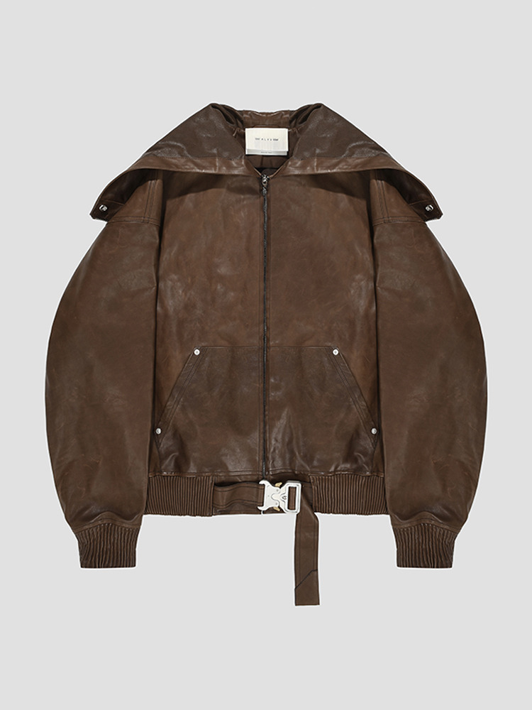 BROWN LEATHER BELTED BUCKLE HOODIE JACKET  알릭스 브라운 레더 벨트 버클 후디 자켓 - 아데쿠베