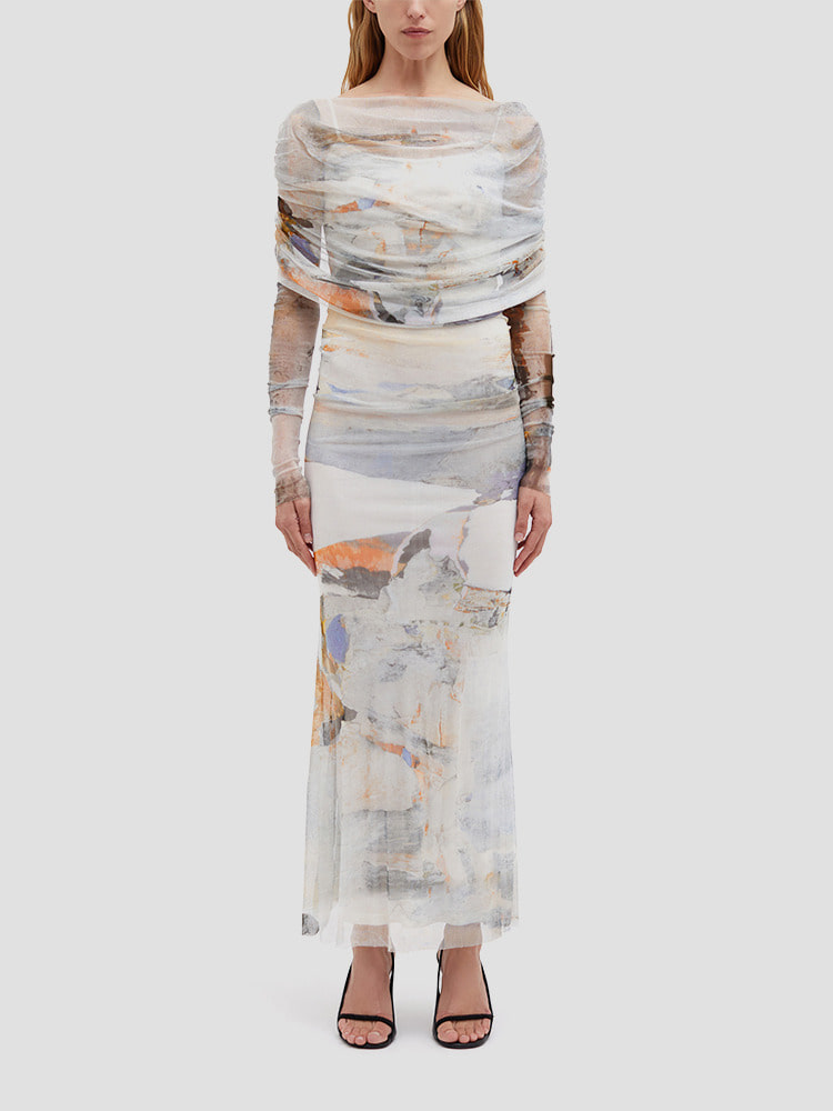DISTRESSED TORN PRINT VEILED DRESS  크리스토퍼 에스버 그래픽 프린트 베일 드레스 - 아데쿠베