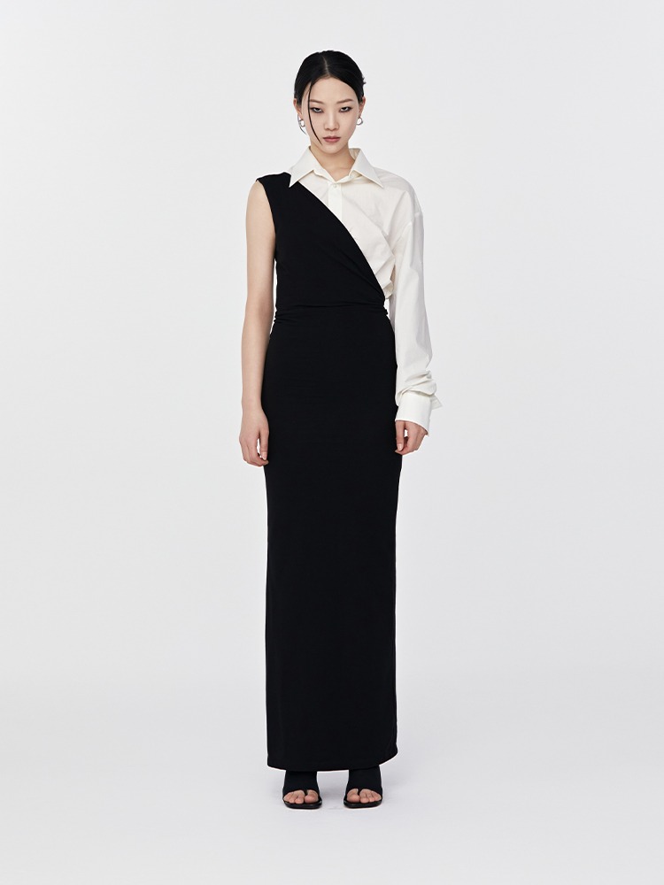 BLACK OFF WHITE ASYMMETRIC SHIRT LONG DRESS  MM6 블랙 오프 화이트 비대칭 셔츠 롱 드레스 - 아데쿠베